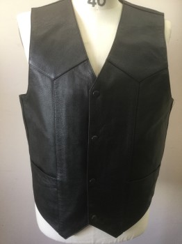 Mens, Leather Vest, FMC, Black, Leather, Solid, M, Snap Front, Western Yoke,
