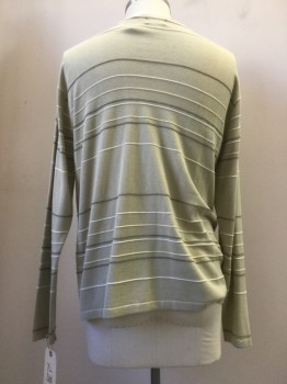 CLAIBORNE, Khaki Brown, Cream, Green, Acrylic, Cotton, Stripes - Horizontal , Double, V-neck, Long Sleeves