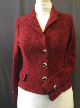 ST JOHN, Red, Black, Cotton, Viscose, Speckled, Slubby Knit, 3 Buttons,  Notched Lapel, 2 Pocket Flaps, Long Sleeves, Black Piping at Collar/ Pocket flaps and Cuffs