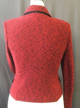 Womens, Suit, Jacket, ST JOHN, Red, Black, Cotton, Viscose, Speckled, 30/2 W, 36/8 B, Slubby Knit, 3 Buttons,  Notched Lapel, 2 Pocket Flaps, Long Sleeves, Black Piping at Collar/ Pocket flaps and Cuffs
