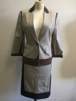 Womens, Suit, Jacket, BCBG MAX AZRIA, Lt Khaki Brn, Black, Brown, Cotton, Spandex, Color Blocking, S, Single Breasted, Black Collar Attached, Khaki Body, Peaked Lapel, 1 Button, 3 Pockets, Black Panel at Sleeve Inset, Brown Extra Hem Panel, Brown Extra Cuff Panel with Triangles, Brown Stripe Down Back