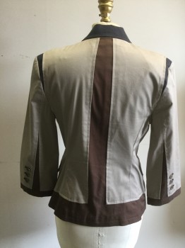 Womens, Suit, Jacket, BCBG MAX AZRIA, Lt Khaki Brn, Black, Brown, Cotton, Spandex, Color Blocking, S, Single Breasted, Black Collar Attached, Khaki Body, Peaked Lapel, 1 Button, 3 Pockets, Black Panel at Sleeve Inset, Brown Extra Hem Panel, Brown Extra Cuff Panel with Triangles, Brown Stripe Down Back