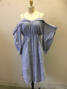 Womens, Dress, Short Sleeve, BARDOT, Blue, White, Cotton, Viscose, Stripes, M, Sweetheart Neck, Spaghetti Straps, Off the Shoulder 1/2 Sleeve with Cuff, Faux Button Front, Zip Back, Flap At Neck and Shoulder, Shirt Tails, Hem Below Knee, Belt Loops with No Belt
