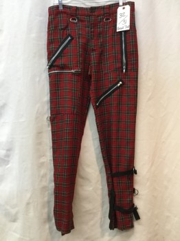 Mens, Casual Pants, RETAIL SLUT, Red, Black, Yellow, White, Synthetic, Plaid, 32/31, Red/ Black/ Yellow/ White Plaid, Zipper Detail, D-Ring Straps Around Ankles,