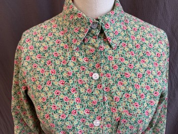 TAGRAG, Lt Green, Pink, Dk Red, Dk Green, Yellow, Cotton, Floral, Collar Attached, Button Front, 3/4 Sleeves, 1 Pocket, Curved Hem