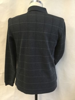 VAN HEUSEN, Charcoal Gray, Lt Gray, Black, Cotton, Polyester, Heathered, Plaid-  Windowpane, Solid Charcoal Gray Ribbed/knit Collar Attached, Long Sleeves Cuffs, 2 Button Front,