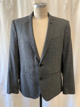 ZARA MAN, Black, White, Polyester, Viscose, Tweed, Appears Gray, Single Breasted, Collar Attached, Notched Lapel, 2 Buttons,  3 Pockets