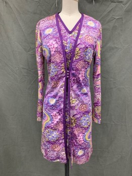 Womens, 1960s Vintage, Piece 2, N/L, Purple, White, Blue, Pink, Lt Green, Polyester, W 25, B 32, Jacket, Psychedelic Pattern, Solid Purple Braided Ribbon Trim, 3 Button/Loop Front, Long Sleeves, Hem Above Knee
