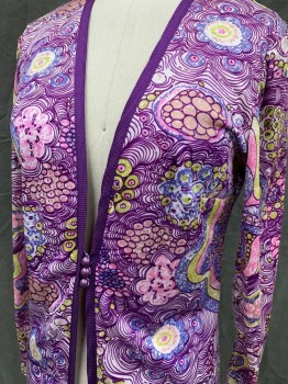 N/L, Purple, White, Blue, Pink, Lt Green, Polyester, Jacket, Psychedelic Pattern, Solid Purple Braided Ribbon Trim, 3 Button/Loop Front, Long Sleeves, Hem Above Knee