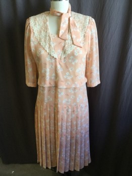 LISA PETITES, Lt Orange, Beige, Cream, Olive Green, Lt Olive Grn, Polyester, Floral, Novelty Pattern, Soft Light Orange with Cream Ribbon Bow & Tiny Orange/olive/light Olive Floral Print, V-neck Seam with Beige Lace Shawl Lapel, 1 Large Pleat on Shoulder, 3/4 Sleeves, Dropped Waist with Accordion Pleat Skirt, SELF Detachable Tie  "2X31"