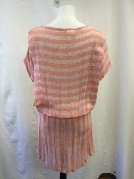 RABBIT DESIGNS, Peachy Pink, White, Rayon, Stripes - Horizontal , Stripes - Vertical , Knit, Boat Neck, Short Sleeve Batwing, Elastic Waist, Hem Above Knee, Bodice Knife Pleat Detail