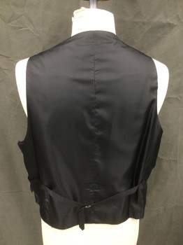 Mens, Suit, Vest, GIOVANNI TESTI, Black, Silver, Polyester, Viscose, Grid , Plaid, 50L, Vest, Button Front, 2 Pockets, Solid Black Satin Back with Attached Back Belt
