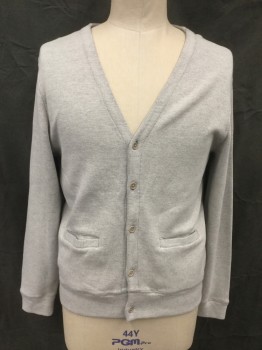 Mens, Cardigan Sweater, BROOKS BROTHERS, Lt Gray, Cotton, Solid, XL, Button Front, Long Sleeves, 2 Pockets, 5 Buttons