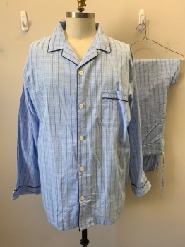 Mens, Sleepwear PJ Top, ROCHESTER, Lt Blue, White, Navy Blue, Cotton, Grid , XLT, Button Front, Collar Attached, Notched Lapel, Long Sleeves, 1 Pocket, Navy Piping Trim