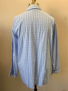 Mens, Sleepwear PJ Top, ROCHESTER, Lt Blue, White, Navy Blue, Cotton, Grid , XLT, Button Front, Collar Attached, Notched Lapel, Long Sleeves, 1 Pocket, Navy Piping Trim