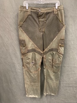 MTO, Dk Olive Grn, Cotton, Synthetic, Solid, Zip Fly, 4 Pockets, +2 Cargo Pockets, Textured Rubber Panels, Aged/Distressed,  Post-Apocalyptic
