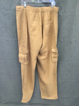 MTO, Ochre Brown-Yellow, Cotton, Solid, Pleated Front, Zip Fly, Flap Front with Hook & Eye, 2 Cargo Pockets, 2 Back Pockets, Elastic Back Waist, Overlock Stitch Hem, Aged