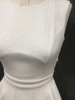 REISS, White, Viscose, Polyester, Solid, Ornate Textured Knit, Scoop Neck, Solid Woven Midsection/Waistband, Keyhole Back, 2 Buttons at Back Neck, Zip Back, 2 Pockets, Knee Length