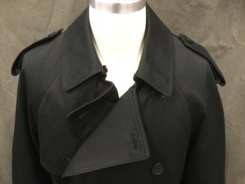 Mens, Coat, Trenchcoat, BRADLEY JONS, Black, Polyester, Solid, 36S, Double Breasted, Collar Attached, Raglan Long Sleeves, Epaulets, 2 Pockets, Belted Cuffs with Belt Loops, Self Buckle Belt, Vented Back Yoke, Right Shoulder Flap Panel, Zip Detachable Lining