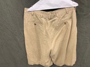 Mens, Shorts, JOS A. BANKS, Khaki Brown, Linen, Solid, 38, Double Pleats, Zip Fly, 4 Pockets, Belt Loops
