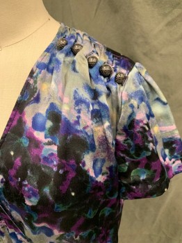 CHARLOTTE RONSON, Gray, Purple, Black, Blue, Teal Green, Silk, Floral, Abstract , Surplice Top, Gathered at Shoulder Seam, Short Sleeves, Silver Balls at Shoulders, Elastic Waist, Faux Wrap Skirt, Black Slip with Shoulder Snap In, Hem Above Knee