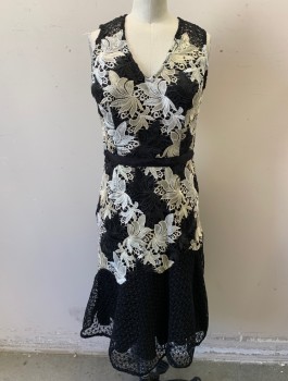 Womens, Cocktail Dress, ADELYN RAE, Black, Taupe, White, Polyester, Abstract , XS, Lace Over Opaque Lining, Sleeveless, V-neck, Black 1" Wide Grosgrain Waistband, Mermaid Hem, Knee Length