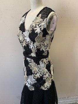 Womens, Cocktail Dress, ADELYN RAE, Black, Taupe, White, Polyester, Abstract , XS, Lace Over Opaque Lining, Sleeveless, V-neck, Black 1" Wide Grosgrain Waistband, Mermaid Hem, Knee Length