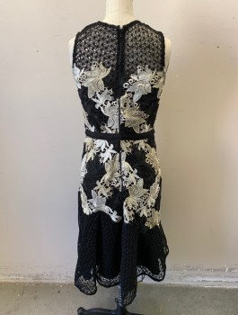 ADELYN RAE, Black, Taupe, White, Polyester, Abstract , Lace Over Opaque Lining, Sleeveless, V-neck, Black 1" Wide Grosgrain Waistband, Mermaid Hem, Knee Length