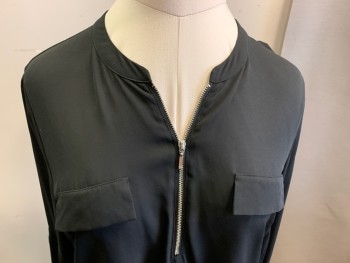 Womens, Top, INC, Black, Polyester, Rayon, Solid, XL, Long Sleeves, Zip Front Placket, Mandarin/Nehru Collar, 2 Faux Pocket Flaps, Pullover, Poly Woven Front with Rayon Knit Back