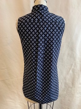 Womens, Blouse, ANN TAYLOR, Black, Blue-Gray, White, Polyester, Geometric, S, Collar Attached, Button Front, Sleeveless