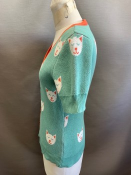 Womens, Sweater, MODCLOTH, Mint Green, White, Melon Orange, Cotton, Animals, 6, M, Button Front, Cats Smiling, Short Sleeves,