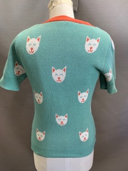 MODCLOTH, Mint Green, White, Melon Orange, Cotton, Animals, Button Front, Cats Smiling, Short Sleeves,