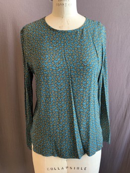 Womens, Blouse, H&M, Teal Blue, Black, Yellow, White, Viscose, Polka Dots, 6, Scoop Neck, L/S, Key Hole Back