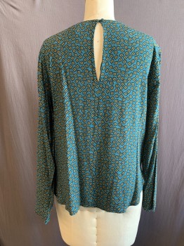 Womens, Blouse, H&M, Teal Blue, Black, Yellow, White, Viscose, Polka Dots, 6, Scoop Neck, L/S, Key Hole Back