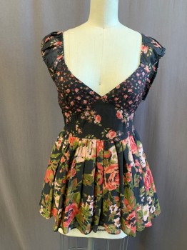 Womens, Top, FREE PEOPLE, Black, Red, Pink, Dk Olive Grn, Cotton, Floral, XS, V-neck, Waistband, Sheer Elastic Straps (Elastic Stretched Out), Gathered Peplum, High-Low Hem, Smocked Back Waist, Button Back