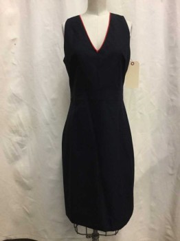 JCREW, Navy Blue, Red, Wool, Polyester, Solid, Dress with Belt, Red Rope V-neck Trim, Sleeveless, Zip Back, Multiple