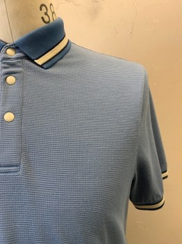 Mens, Polo, TED BAKER, French Blue, Multi-color, Modal, Polyester, Stripes, 3, C.A., 3 Snap Buttons, S/S, White Stripes, Blue, Navy, And Off White Stripe At Collar And Cuffs