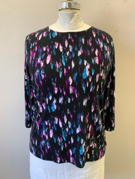 Womens, Top, JM COLLECTION, Black, Purple, White, Turquoise Blue, Polyester, Spandex, Abstract , XL, Stretch Jersey, 3/4 Sleeve, Bateau/Boat Neck, Pullover