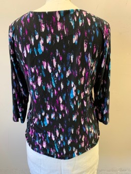Womens, Top, JM COLLECTION, Black, Purple, White, Turquoise Blue, Polyester, Spandex, Abstract , XL, Stretch Jersey, 3/4 Sleeve, Bateau/Boat Neck, Pullover