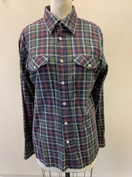 Mens, Casual Shirt, BILLY REID, Olive Green, Navy Blue, Orange, White, Cotton, Plaid, S, L/S, Button Front, Collar Attached, Pocket Chests