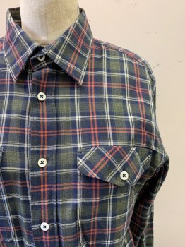 Mens, Casual Shirt, BILLY REID, Olive Green, Navy Blue, Orange, White, Cotton, Plaid, S, L/S, Button Front, Collar Attached, Pocket Chests