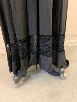 MTO, Black, Silk, Pleated, Black Embroidery Trim Creating a Rectangular Like Shape, Hook & Eye Back, Lace Panel at Bottom, Floor Length, High Low Hem