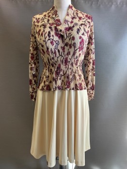 Discovery Fashion Lt, Beige, Purple, Wine Red, Polyester, Floral, L/S, V Neck, Elastic Waist Band, Full Lace Top with Solid Skirt Bottom, Zip Back,