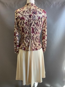 Discovery Fashion Lt, Beige, Purple, Wine Red, Polyester, Floral, L/S, V Neck, Elastic Waist Band, Full Lace Top with Solid Skirt Bottom, Zip Back,