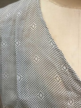 Womens, Blouse 1890s-1910s, N/L, White, Charcoal Gray, Cotton, Diamonds, Polka Dots, W:35, B:38, 3/4 Sleeve, V Neck, Hook and Eye Closures At Center Front, 5/8" Wide Vertical Pleats From Center Back Waist To Center Front Shoulders, Puffy Gathered Sleeves, 1" Wide Self Waistband with Peplum Bottom, Made To Order *Has Pit Stains,