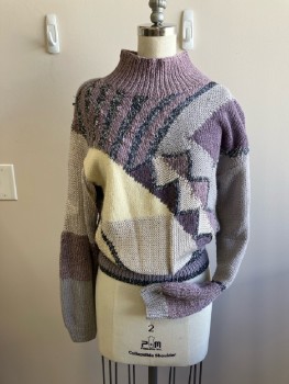 CAROLE LITTLE, Multipurple/Cream/Silver Abstract Geometric Knit, Pull On, Rib Knit Moc Neck And Hem, A Shoulder Pad