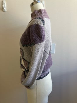 Womens, Sweater, CAROLE LITTLE, W:25, B:36, Multipurple/Cream/Silver Abstract Geometric Knit, Pull On, Rib Knit Moc Neck And Hem, A Shoulder Pad