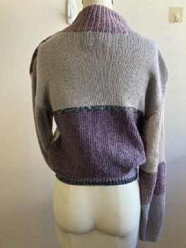 CAROLE LITTLE, Multipurple/Cream/Silver Abstract Geometric Knit, Pull On, Rib Knit Moc Neck And Hem, A Shoulder Pad