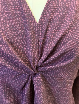 Womens, Blouse, PROLOGUE, Purple, Rose Pink, Polyester, Spandex, Geometric, L, V Neck, Knotted Detail In Front, L/S, 2 Button Closure with Slit In Back