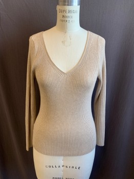 Womens, Pullover, BANANA REPUBLIC, Beige, Rayon, Polyester, Solid, Heathered, M, V-N, L/S, Ribbed